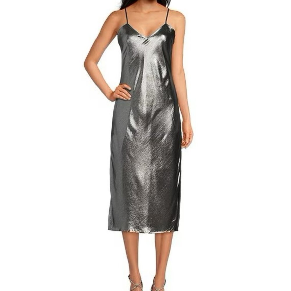 NWT Dillard's Gianni Bini Harper Metallic Lame V-Neck Sleeveless Slip Midi Dress